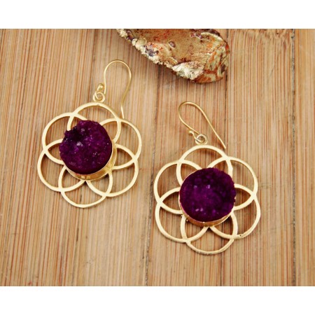 Maroon Druzy Flower Earrings